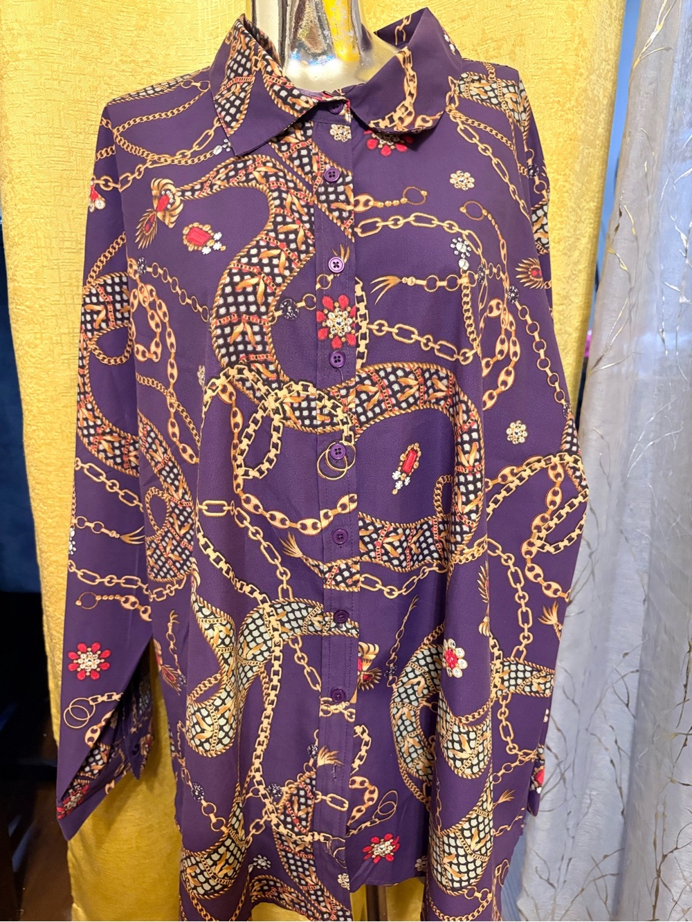 Ashley Stewart Purple Chain & Floral Button-Down Shirt